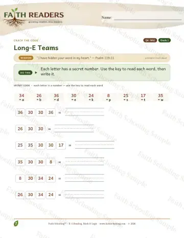 1st Grade phonics worksheet — Long E Teams — Crack The Code (Practice 1)