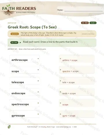 4th Grade vocabulary & word study worksheet — Greek Root Scope — Match Up (Practice 3)