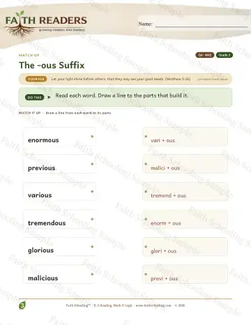 3rd Grade vocabulary & word study worksheet — The Ous Suffix G3 — Match Up (Practice 3)