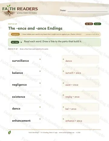 5th Grade vocabulary & word study worksheet — The Ence Ance Suffix — Match Up (Practice 4)