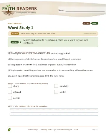 Grade 1 Vocabulary, Morphology & Word Study: Word Meaning — worksheet preview