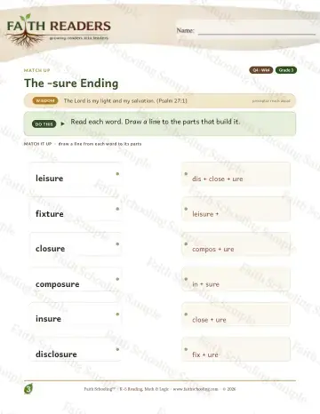 3rd Grade vocabulary & word study worksheet — The Sure Suffix — Match Up (Practice 4)
