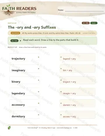 5th Grade vocabulary & word study worksheet — The Ory Ary Suffix — Match Up (Practice 2)