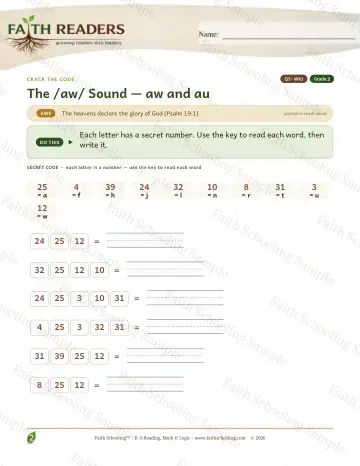 2nd Grade phonics worksheet — The AW AU Sound — Crack The Code (Practice 1)