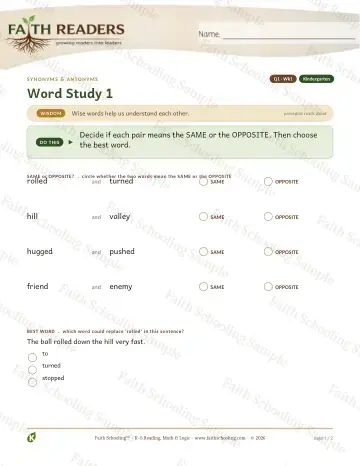 Kindergarten vocabulary & word study worksheet — Vocabulary — Synonyms Antonyms (Practice 1) (Practice 3)