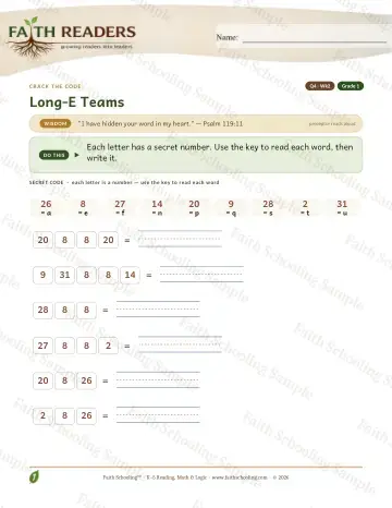 1st Grade phonics worksheet — Long E Teams — Crack The Code (Practice 2)