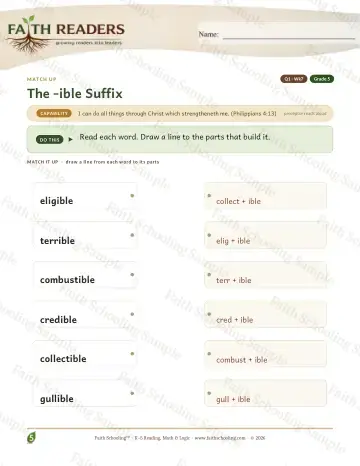 5th Grade vocabulary & word study worksheet — The Ible Suffix — Match Up (Practice 7)