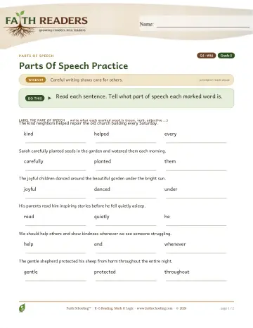 Grade 5 Grammar & Writing: Parts Of Speech — worksheet preview