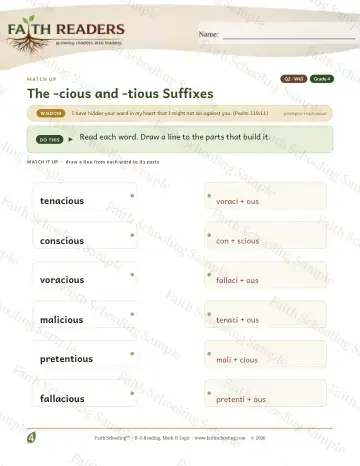 4th Grade vocabulary & word study worksheet — The Cious Tious Suffix — Match Up (Practice 3)