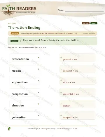 5th Grade vocabulary & word study worksheet — The Ation Suffix — Match Up (Practice 5)