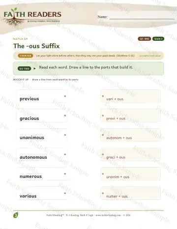 3rd Grade vocabulary & word study worksheet — The Ous Suffix G3 — Match Up (Practice 2)