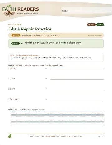 Grade 1 Grammar & Writing: Edit And Repair — worksheet preview