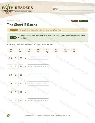Kindergarten phonics worksheet — The Short E Sound — Crack The Code (Practice 1)