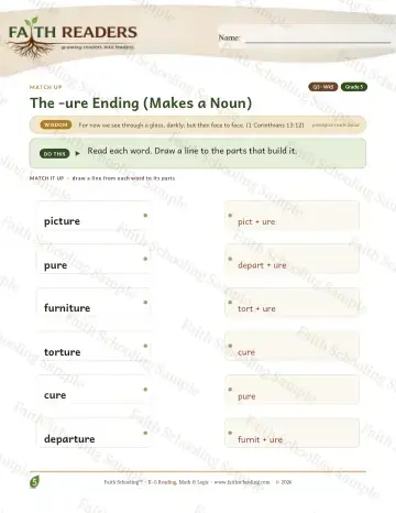 5th Grade vocabulary & word study worksheet — The Ure Suffix — Match Up (Practice 5)