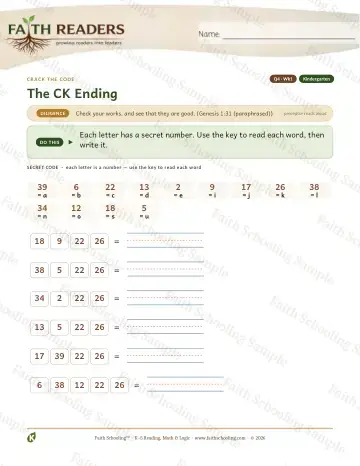Kindergarten phonics worksheet — The CK Ending — Crack The Code (Practice 1)