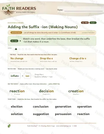 5th Grade vocabulary & word study worksheet — Adding The Suffix Ion Making Nouns — Lesson (Practice 4)