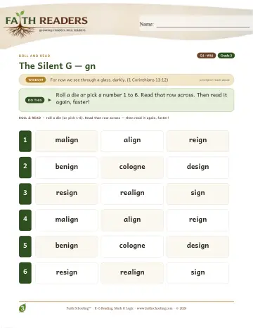 Silent G Gn — Roll And Read (Practice 1)