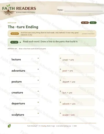 3rd Grade vocabulary & word study worksheet — The Ture Suffix — Match Up (Practice 6)
