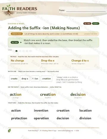 5th Grade vocabulary & word study worksheet — Adding The Suffix Ion Making Nouns — Lesson (Practice 1)