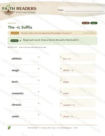 5th Grade vocabulary & word study worksheet — The Ic Suffix — Match Up (Practice 3)
