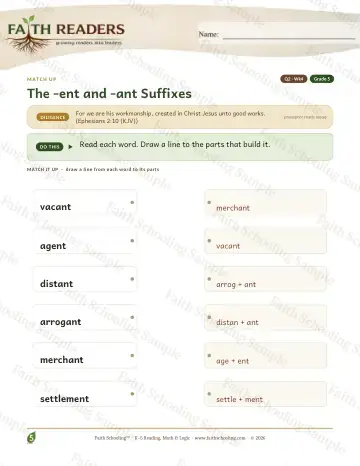 5th Grade vocabulary & word study worksheet — The Ent Ant Suffix — Match Up (Practice 4)