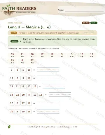 1st Grade phonics worksheet — Magic E U E — Crack The Code (Practice 3)