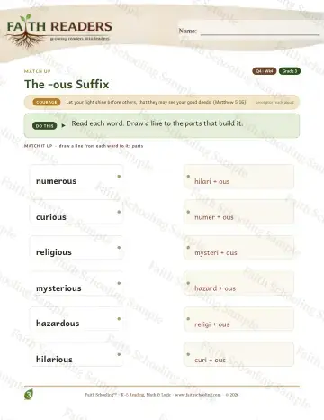 3rd Grade vocabulary & word study worksheet — The Ous Suffix G3 — Match Up (Practice 4)
