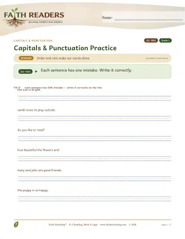 Grade 1 Grammar & Writing: Capitalization Punctuation — worksheet preview