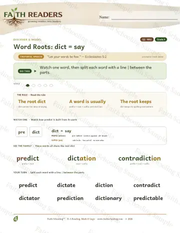 4th Grade vocabulary & word study worksheet — Word Roots Dict Say — Lesson (Practice 1)