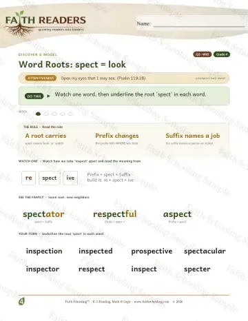 4th Grade vocabulary & word study worksheet — Word Roots Spect Look — Lesson (Practice 5)