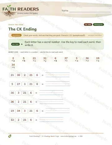 Kindergarten phonics worksheet — The CK Ending — Crack The Code (Practice 2)