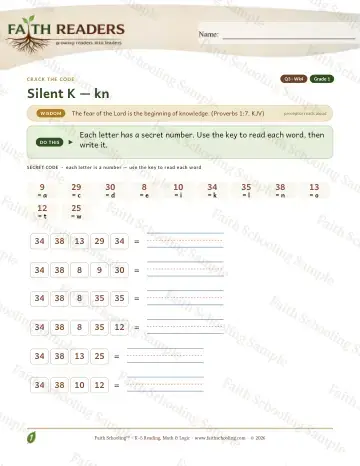 1st Grade phonics worksheet — Silent K Kn — Crack The Code (Practice 4)