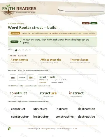 4th Grade vocabulary & word study worksheet — Word Roots Struct Build — Lesson (Practice 1)