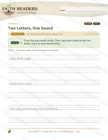 1st Grade grammar & writing worksheet — Q1 Two Letters One Sound — Copywork (Practice 7)