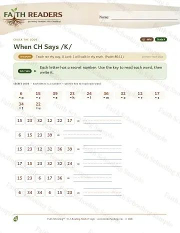 4th Grade phonics worksheet — Ch As K — Crack The Code (Practice 6)