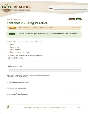 Grade 1 Grammar & Writing: Sentence Building — worksheet preview