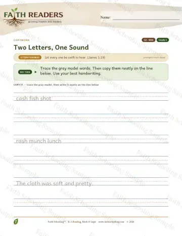1st Grade grammar & writing worksheet — Q1 Two Letters One Sound — Copywork (Practice 4)