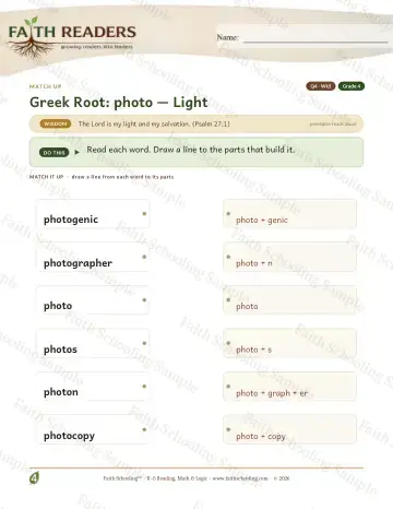4th Grade vocabulary & word study worksheet — Greek Root Photo — Match Up (Practice 3)