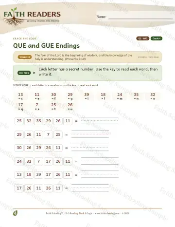 4th Grade phonics worksheet — Que Gue Endings — Crack The Code (Practice 2)