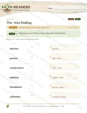 3rd Grade vocabulary & word study worksheet — The Tion Sion Suffix — Match Up (Practice 6)