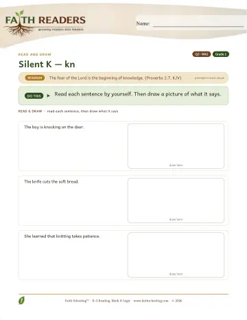 Grade 1 Phonics, Decoding & Spelling Patterns: Silent K KN — worksheet preview