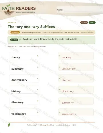 5th Grade vocabulary & word study worksheet — The Ory Ary Suffix — Match Up (Practice 5)