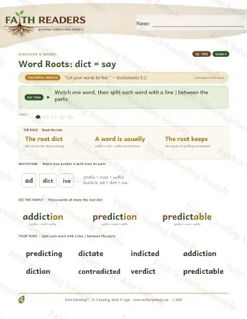 4th Grade vocabulary & word study worksheet — Word Roots Dict Say — Lesson (Practice 2)