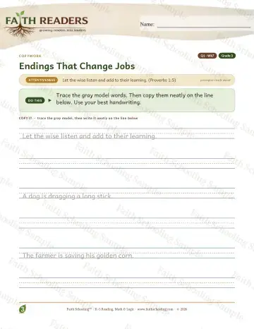 3rd Grade grammar & writing worksheet — Q1 Endings That Change Jobs — Copywork (Practice 7)