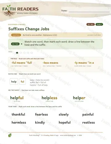 3rd Grade vocabulary & word study worksheet — Suffixes Change Jobs — Lesson (Practice 1)