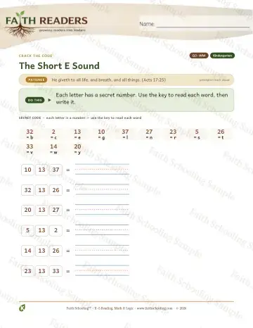 Kindergarten phonics worksheet — The Short E Sound — Crack The Code (Practice 4)