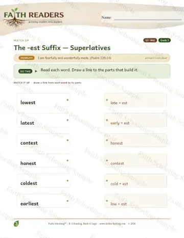 3rd Grade vocabulary & word study worksheet — The Est Suffix — Match Up (Practice 2)