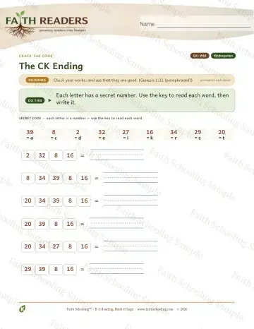Kindergarten phonics worksheet — The CK Ending — Crack The Code (Practice 4)