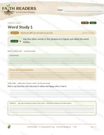 1st Grade vocabulary & word study worksheet — Vocabulary — Context Clues (Practice 1) (Practice 3)