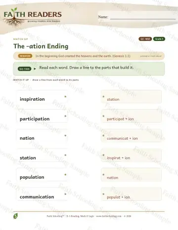 5th Grade vocabulary & word study worksheet — The Ation Suffix — Match Up (Practice 2)
